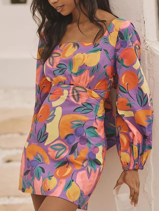 FARM Rio Dresses & Skirts - Farm Rio Vibrant Purple Long Sleeve Poplin Cotton Cut Out Mini Dress Fruit Print